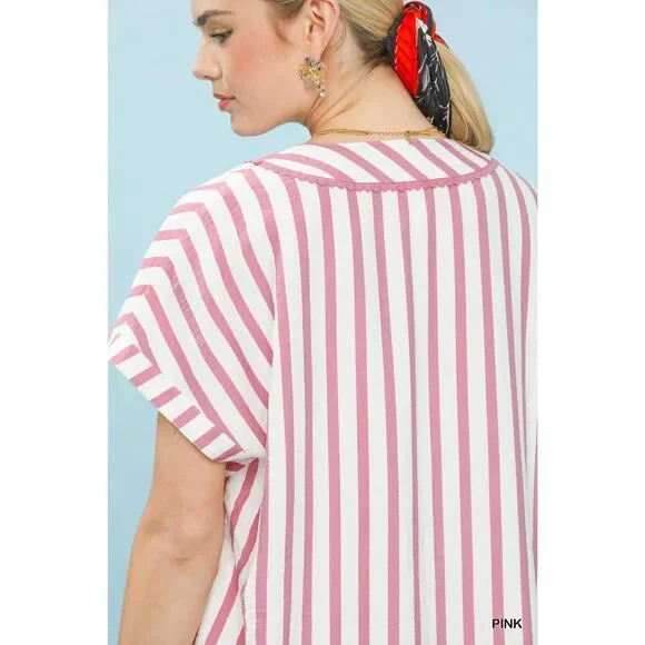 Umgee Mixed Stripe Split Neck Oversized Blouse - Picture 5 of 5